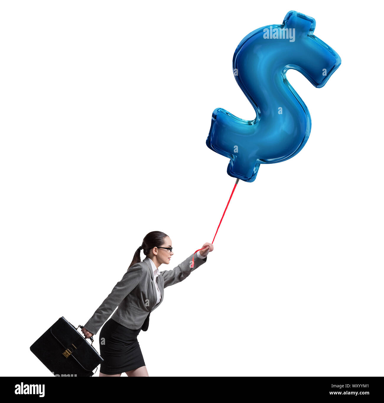 The businesswoman flying on dollar sign inflatable balloon Stock Photo ...