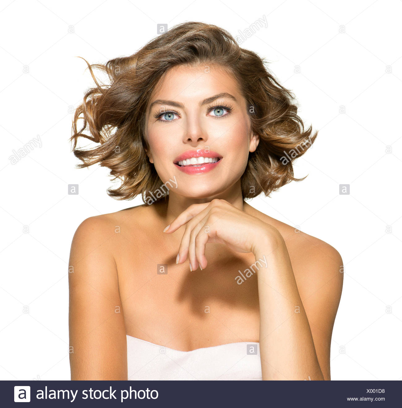 Beauty Young Woman Portrait Over White Short Curly Hair Stock
