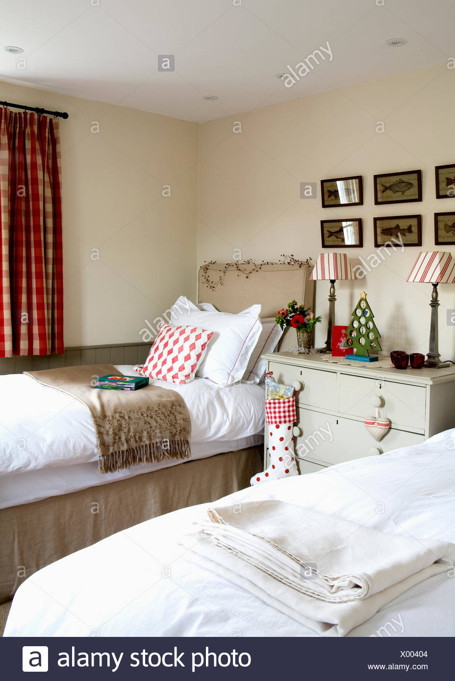 Striped Lamps And Christmas Decorations On Gray Painted