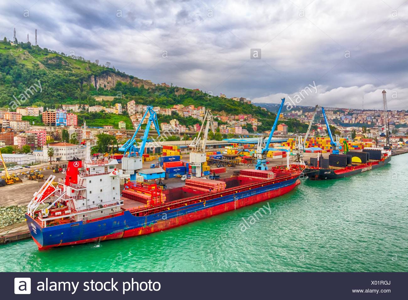 Ships At The Black Sea Port Facilities At Trabzon Turkey Stock