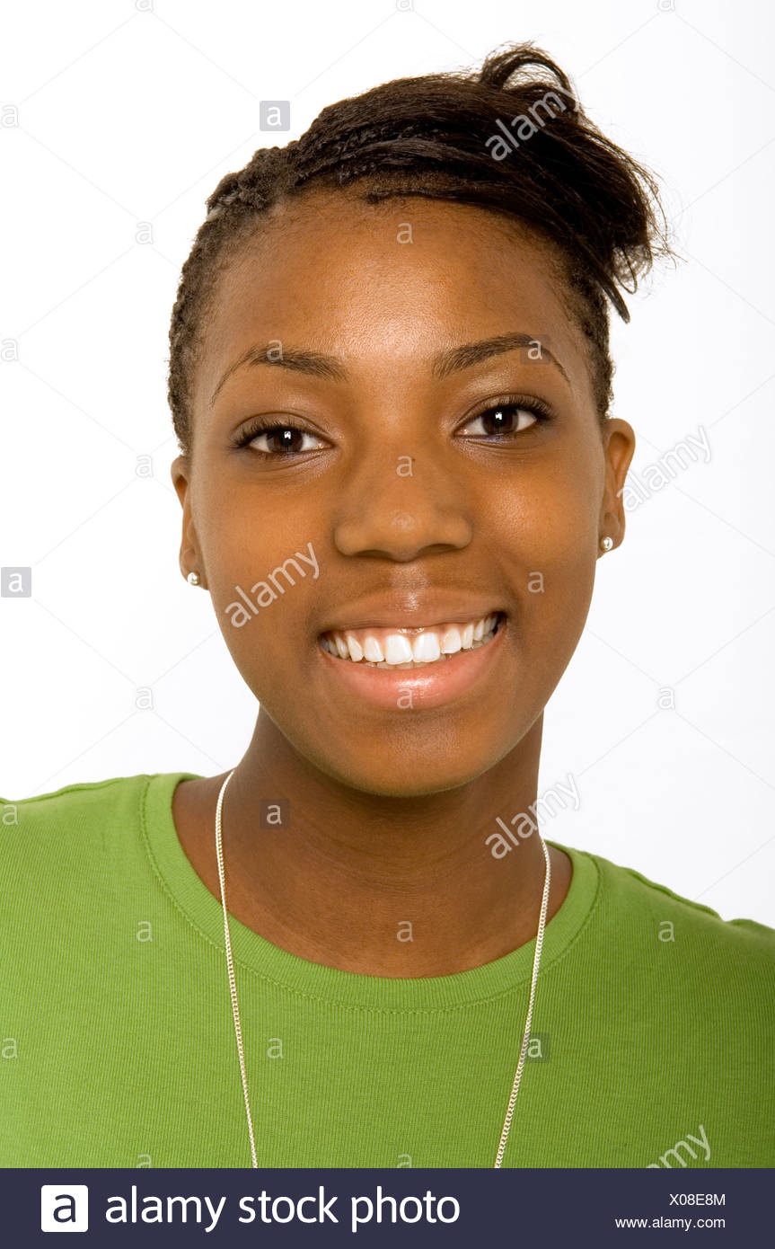 Female Dark Brown Hair Tied Up Wearing Green Round Neck T Shirt