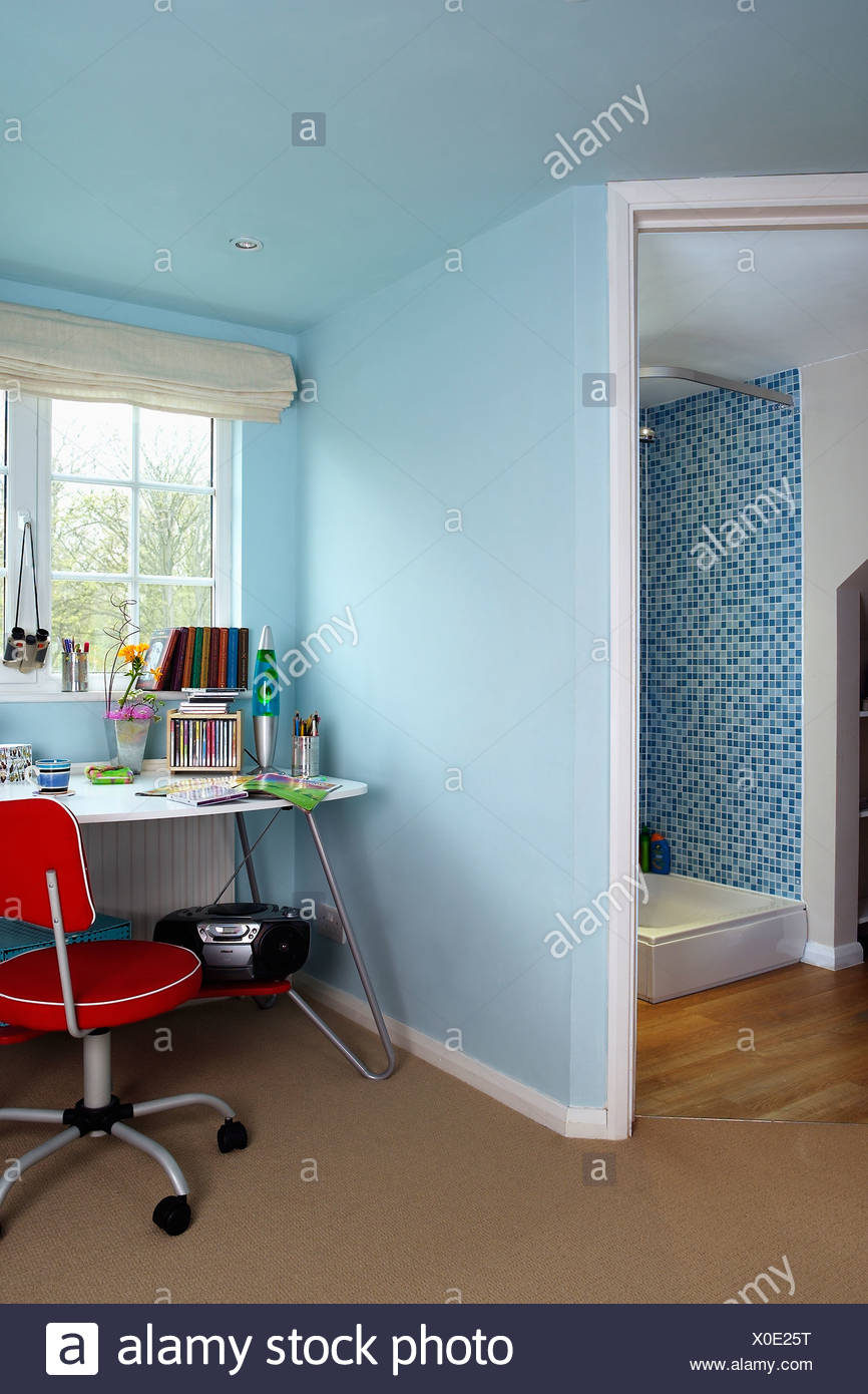 Red Chair At Table Beside Wall Dividing Small En Suite