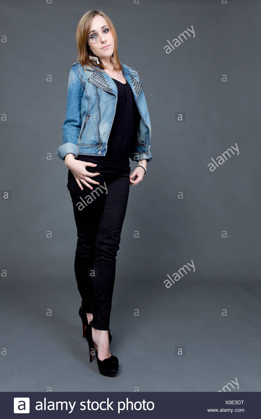 blue jean jacket black pants