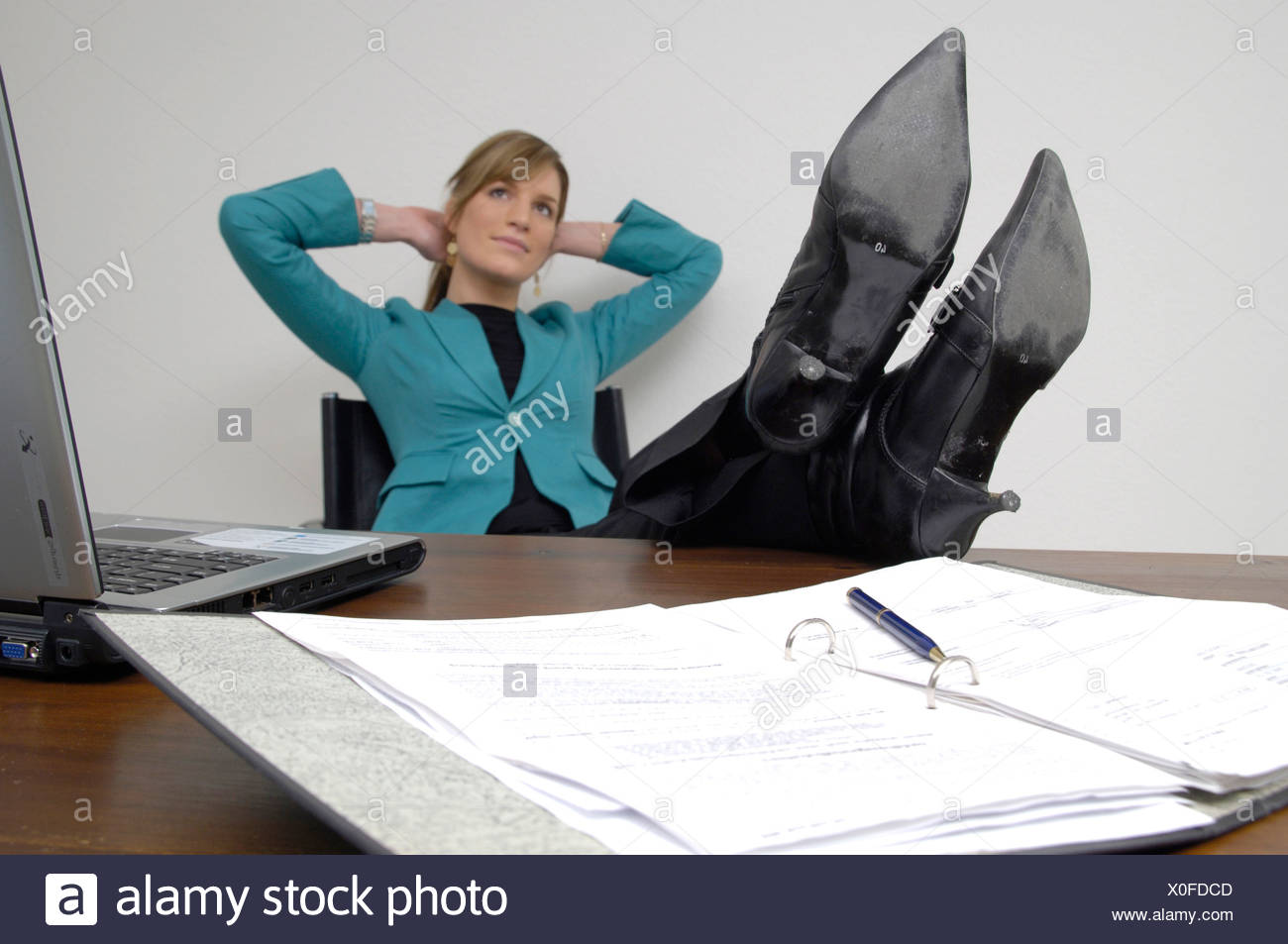 Woman Office Employees Feet On Table Desk Raise Relax Break Stop