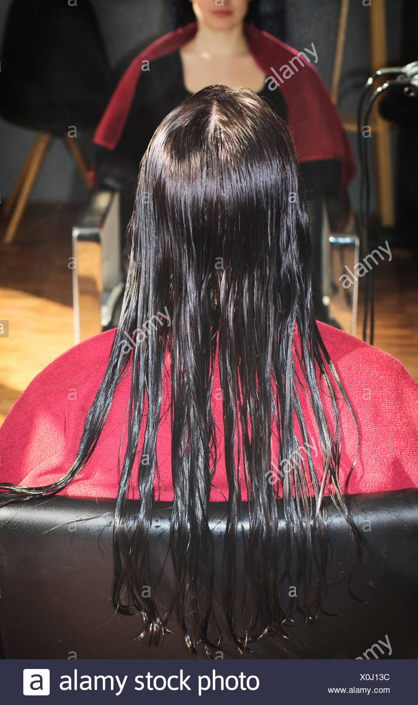 Hairdresser Woman Wet Long Straight Hair Salon Stock Photo