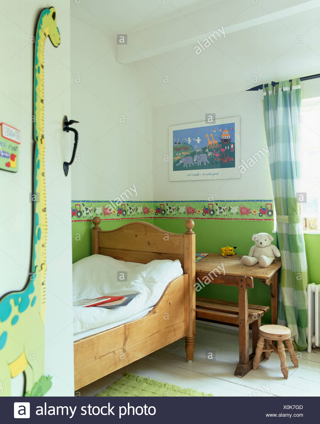 Green Wallpaper Border And Dado On Wall Above Pine Bed In Child S