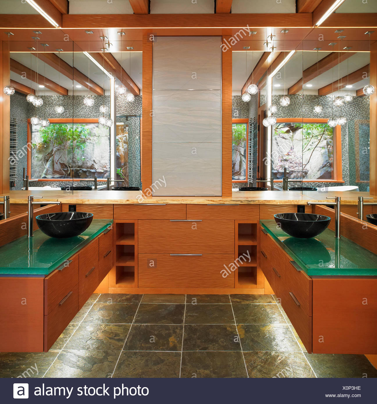 Custom Bathroom Vanities With Green Glass Countertops And Wood