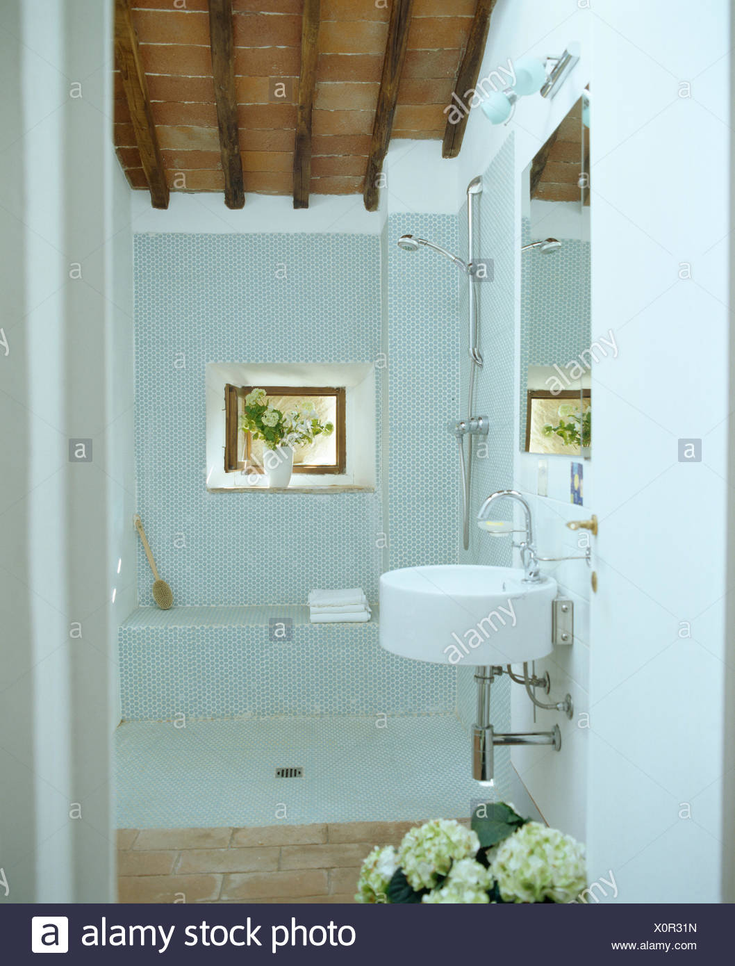 Circular Wall Mounted Basin In Modern Tuscan Wet Room With Mosaic