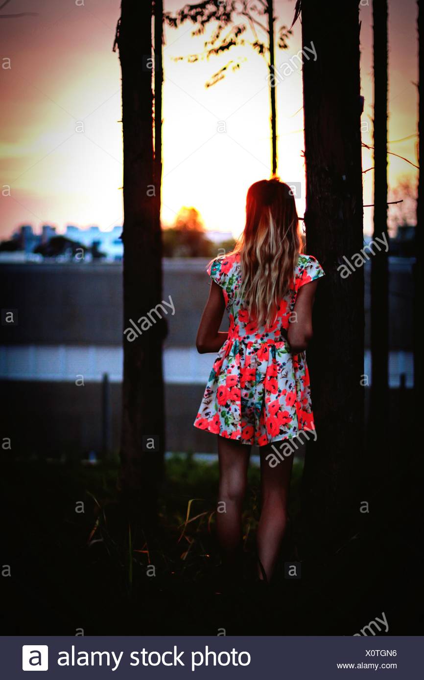 Rear View Of Girl Wearing Floral Dress Standing By Tree Stock Photo
