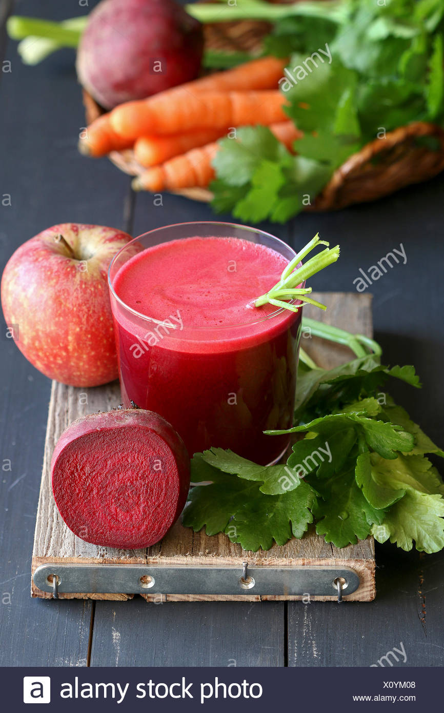 Beetroot juice with apple,carrot and celery Stock Photo: 275974280 ...