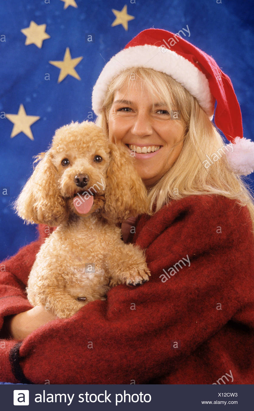 Woman With Poodle In Front Of Christmas Decoration Stock Photo Alamy