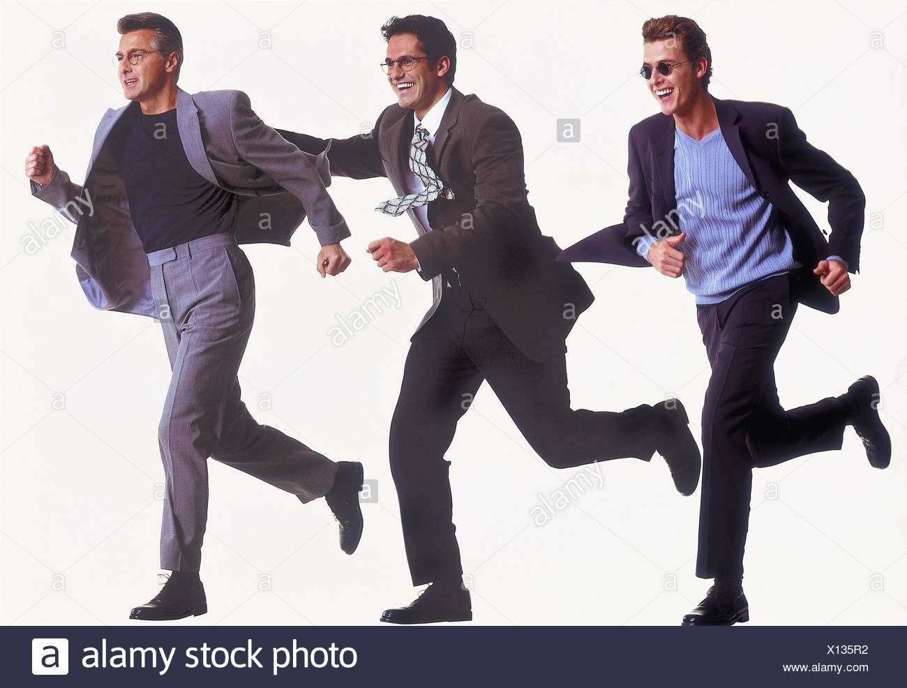 Men Three Suits Run Gesture Haste Men Man Joy Enthusiasm Haste Date Engagement Motion Having Side View Studio Cut Out Stock Photo Alamy