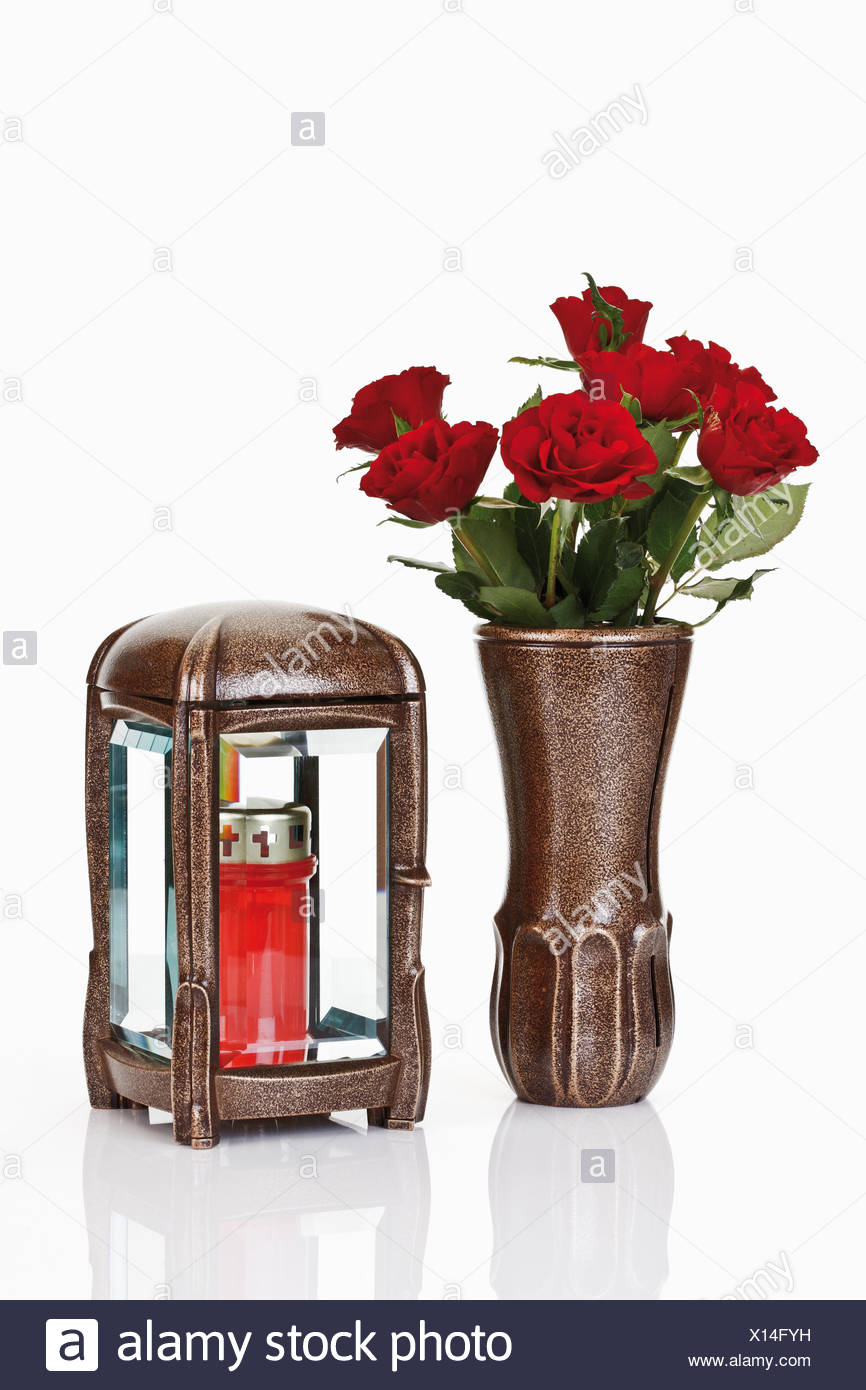 Grave Lantern Grave Candle And Bunch Of Red Roses In Flower Vase