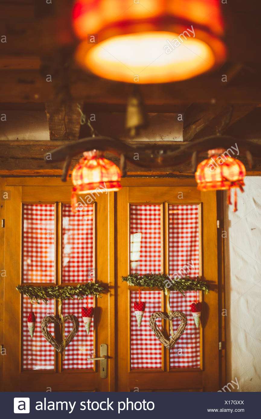 Wooden Windows With Christmas Decorations Germany Stock Photo