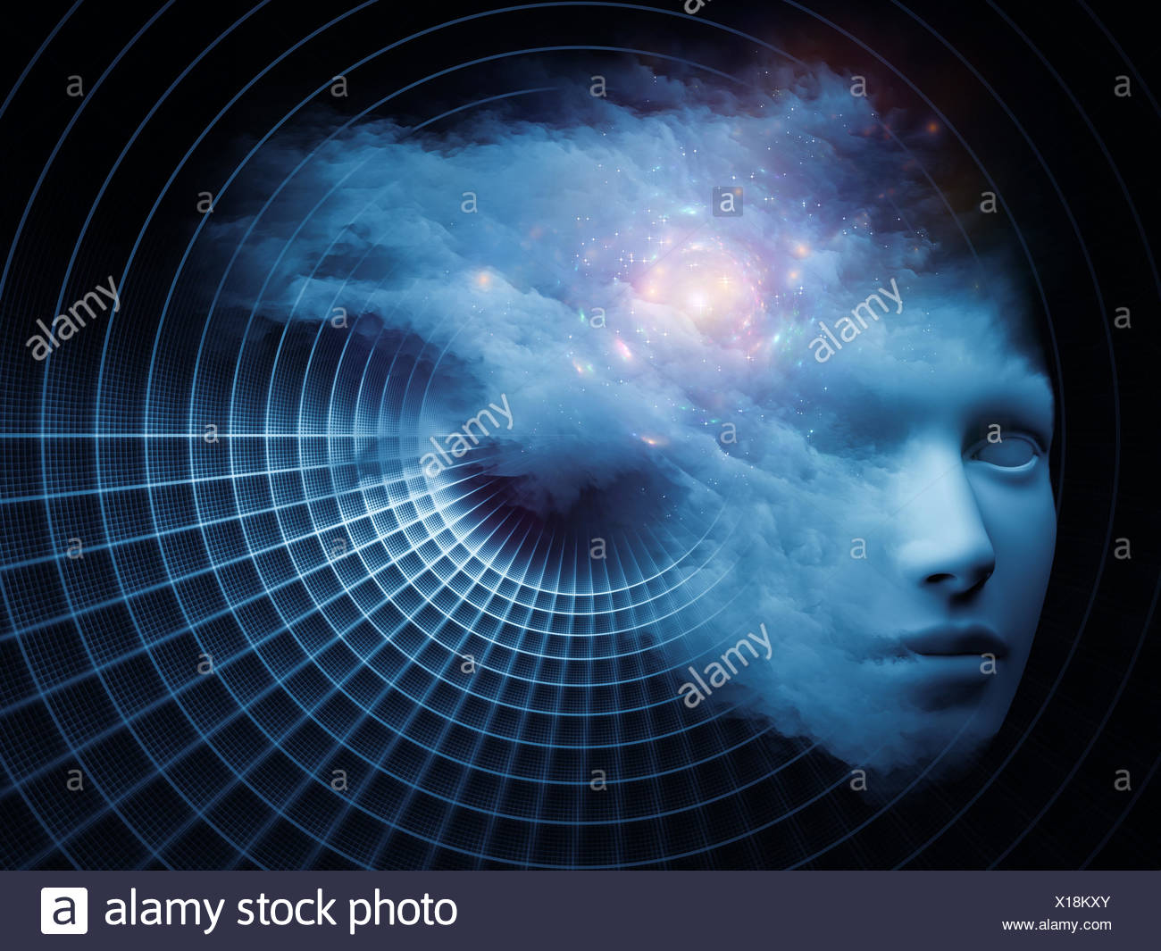 Mind Grid series. Abstract composition of human head and fractal colors suitable as element in projects related to mind, dreams, thinking, consciousness and imagination Stock Photo - Alamy
