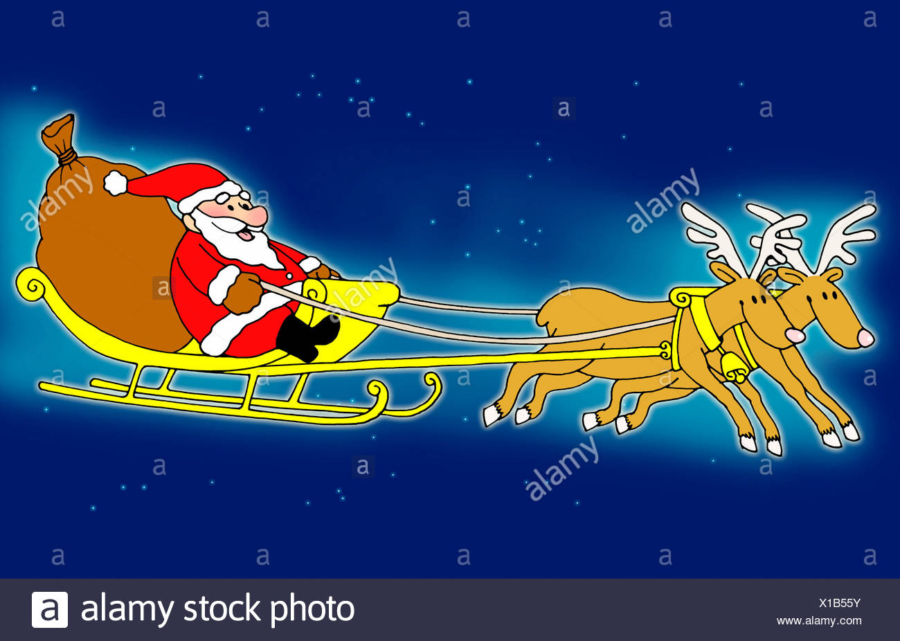 Santa Claus Sitting In His Sleigh Flying With Reindeer Stock