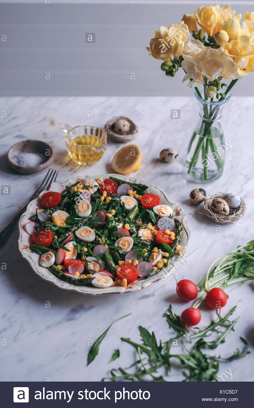 Green Salad With Roasted Asparagus And Quail Eggs Stock Photo Alamy