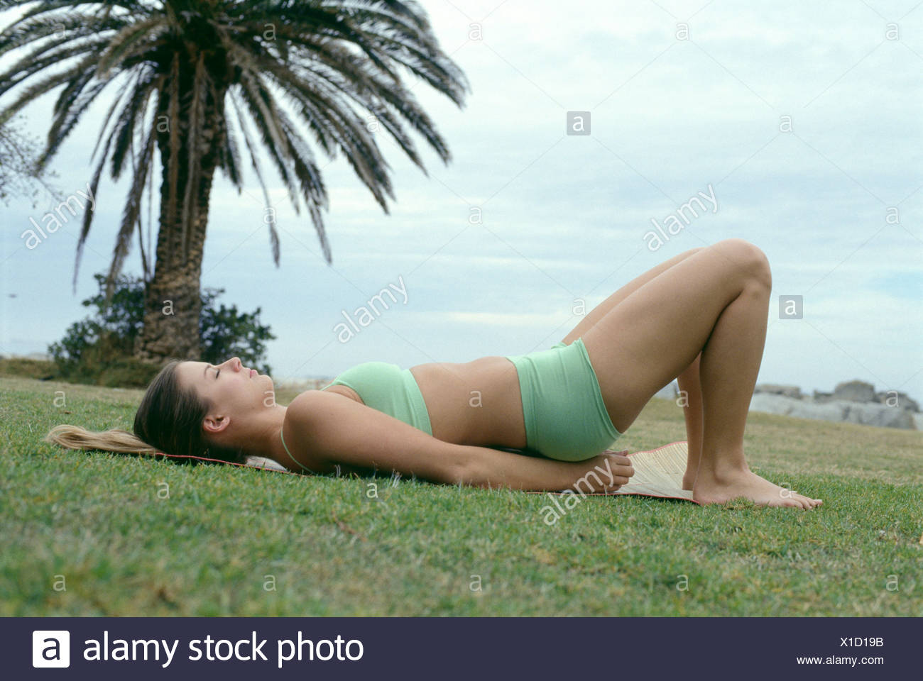 Profile Of A Brunette Female Her Hair Pulled Back Laying On Her