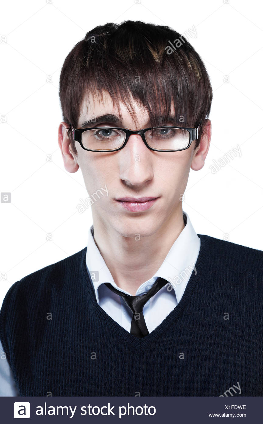 Cute Young Guy With Fashion Haircut Wearing Glasses On White