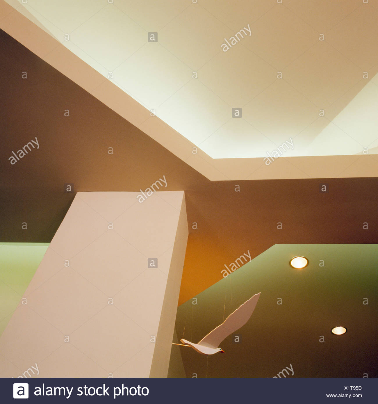 Upward View Of Ceiling Of Modern Hall With Recessed Lighting Stock