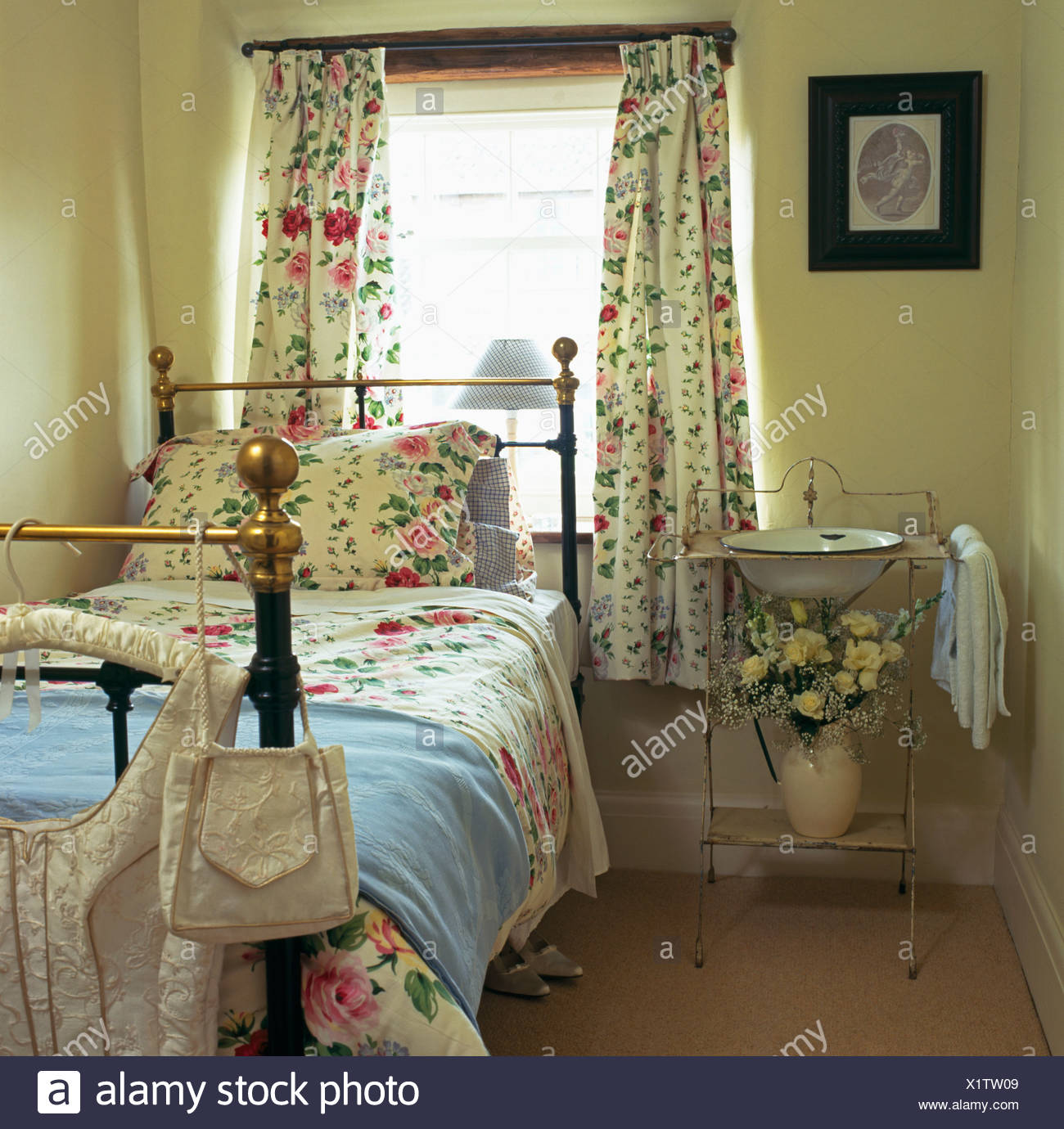 Rose Patterned Curtains On Window Above Brass Bed With Matching