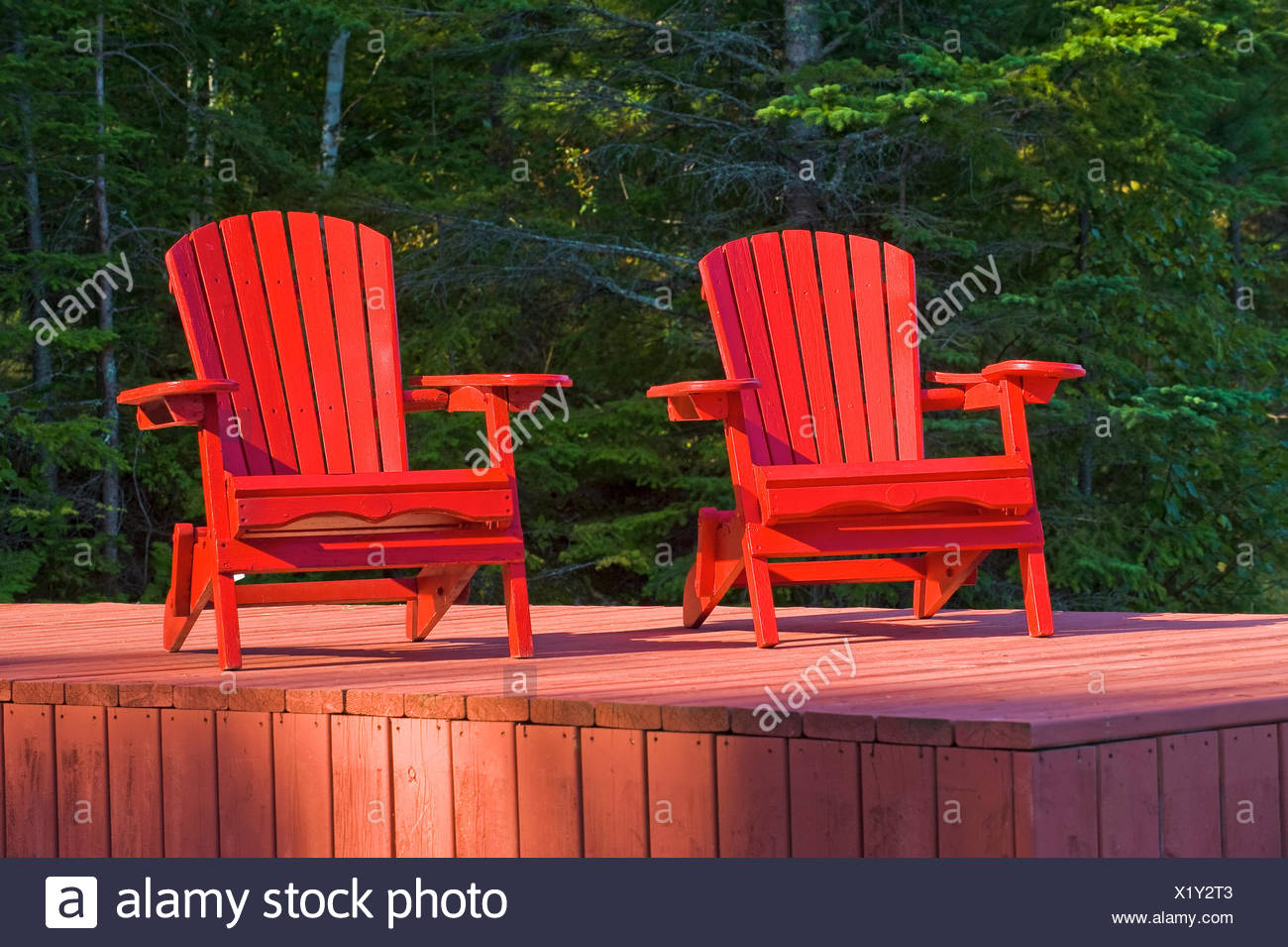 Muskoka chairs on dock, Lake of the Woods, Northwestern Ontario, Canada