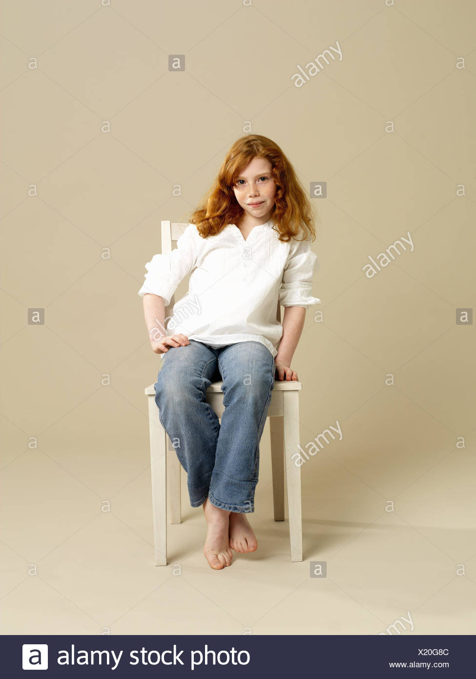 Girls, red-haired, smile, chair, sit, child, long-haired 
