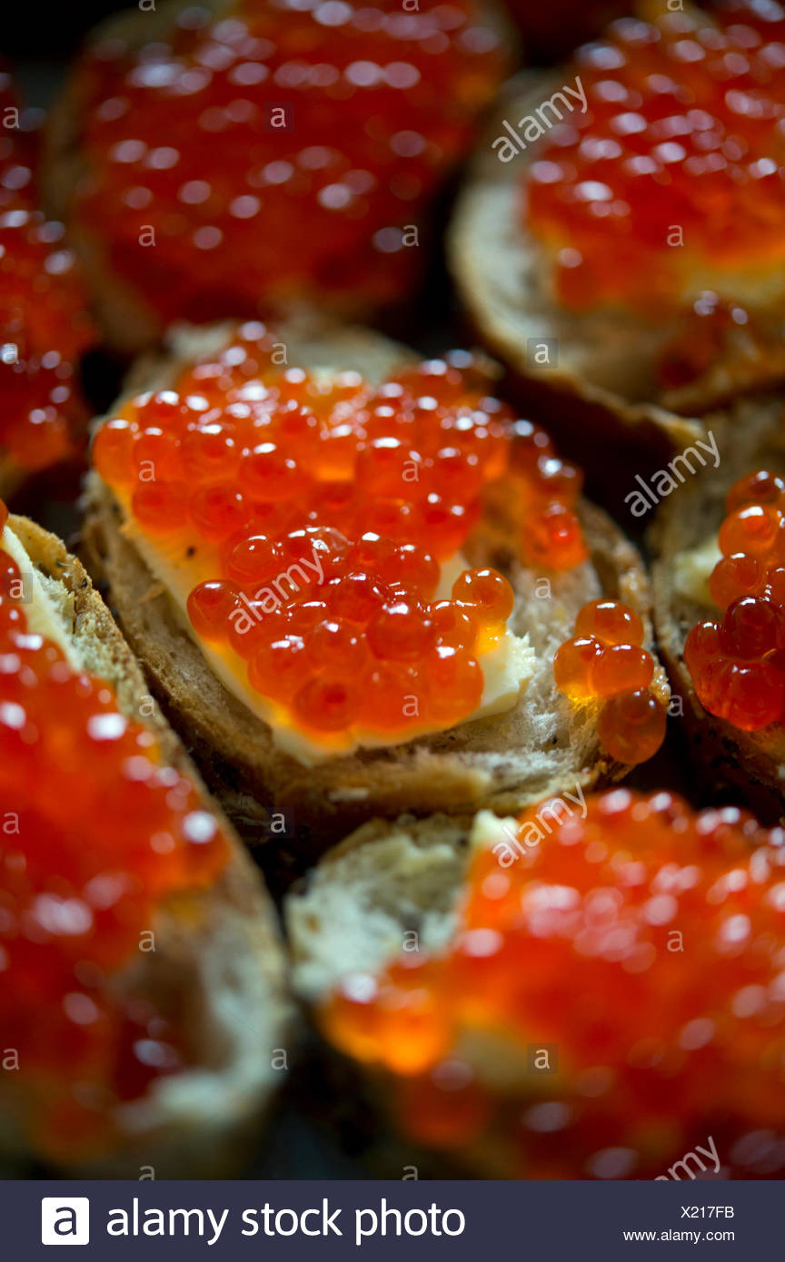 Red caviar sandwich placed in a plate on a table Stock Photo