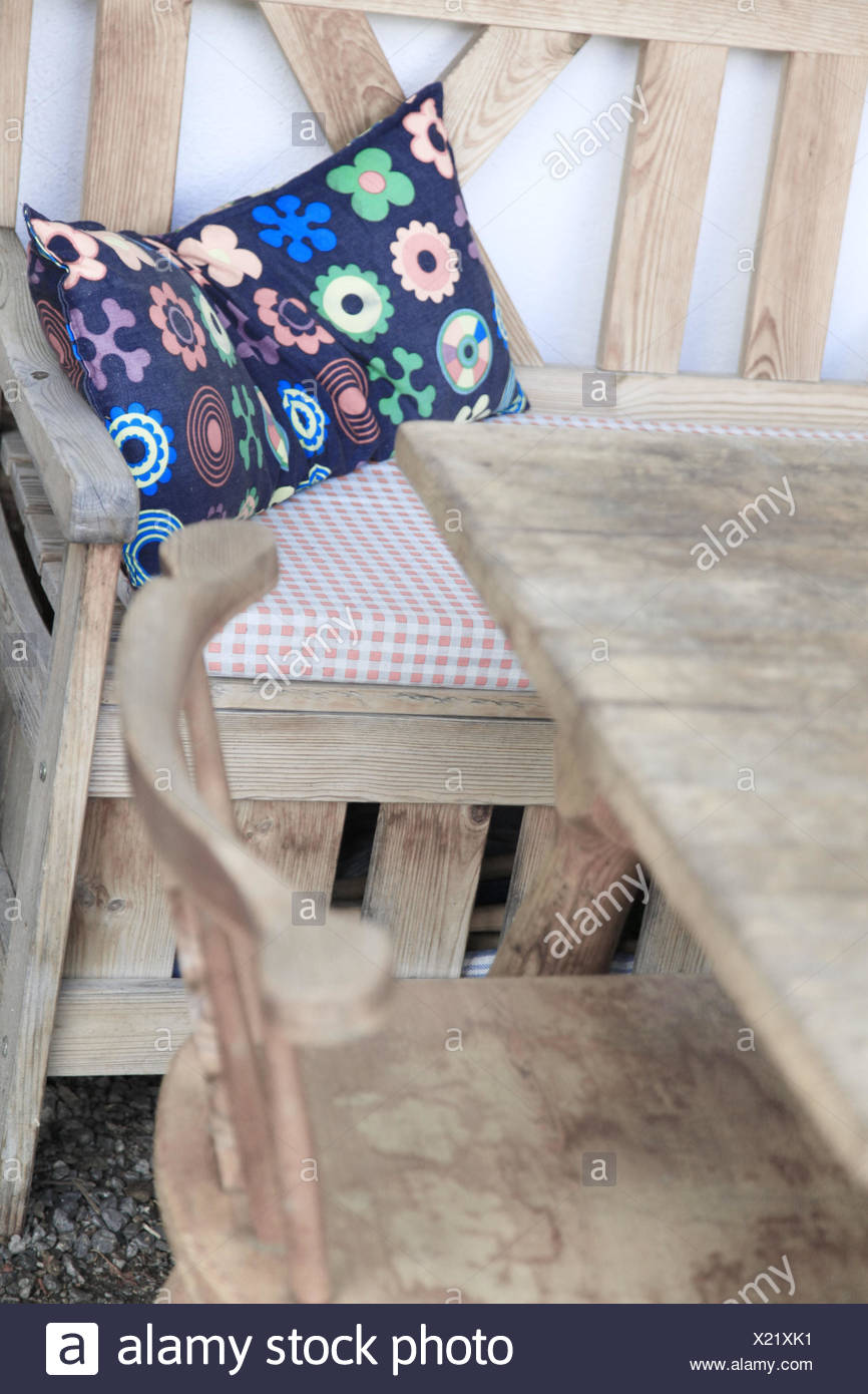 Wooden Bench Cushion Table Chair Cushions Brightly Stock Photo