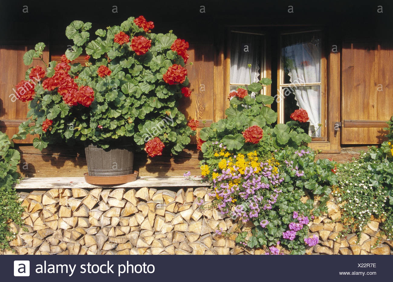 Farmhouse Facade Wooden Batch Detail Floral Decoration House