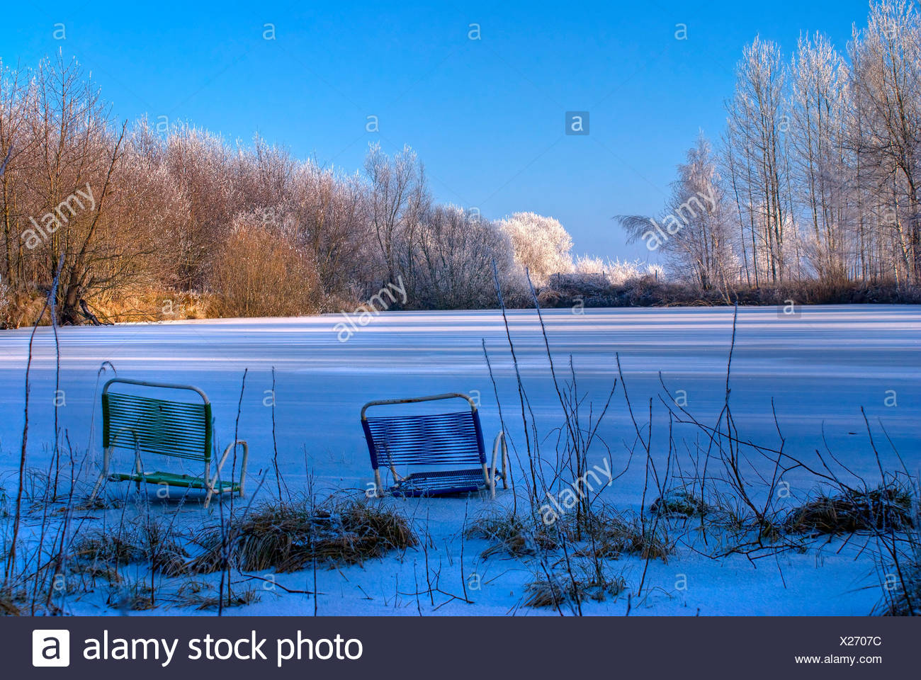 Ice Frozen Chairs Fresh Water Pond Water Winter Ice Frozen