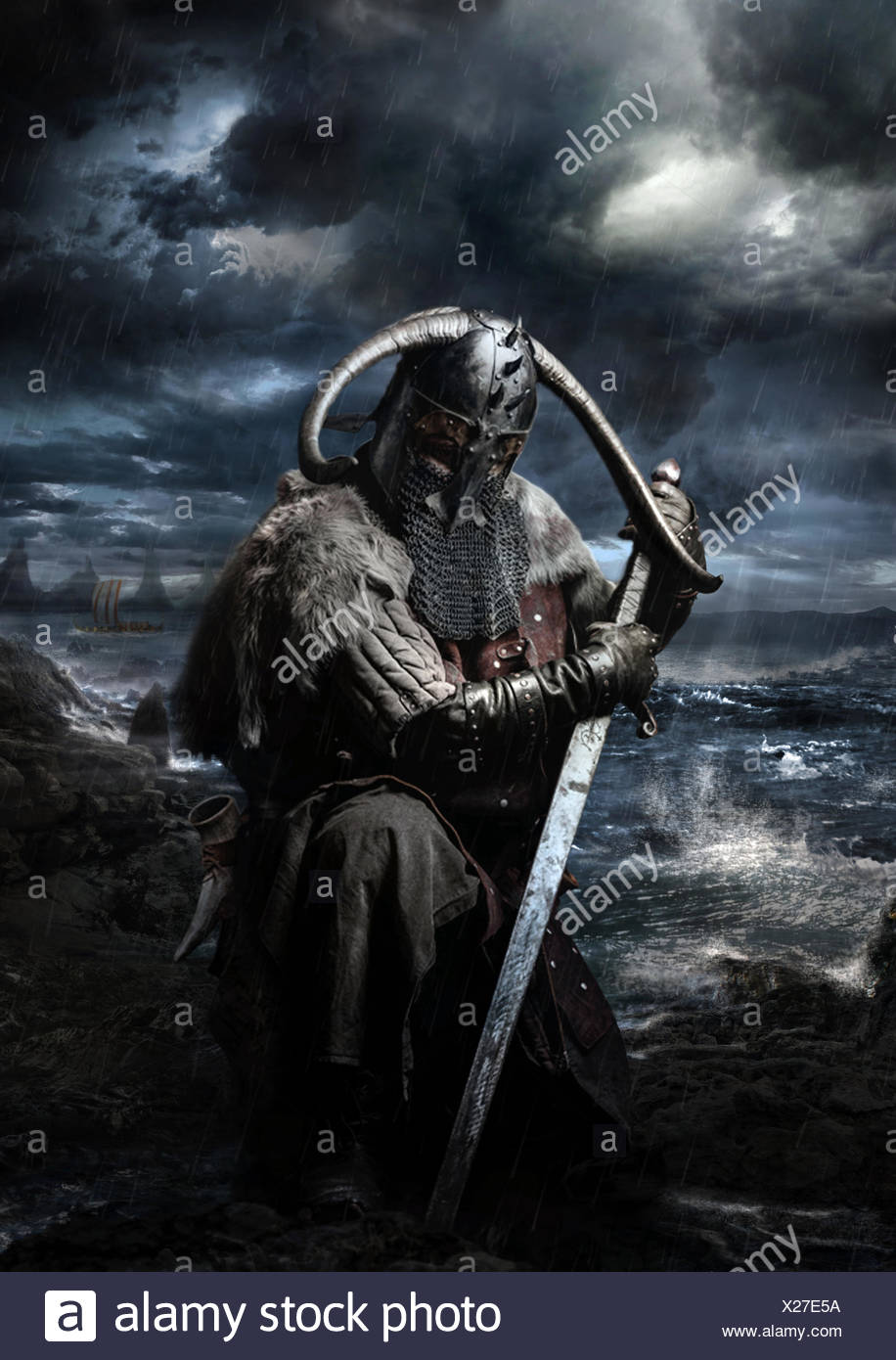 Viking kneeling at seaside (photomontage Florence Dubin Stock Photo