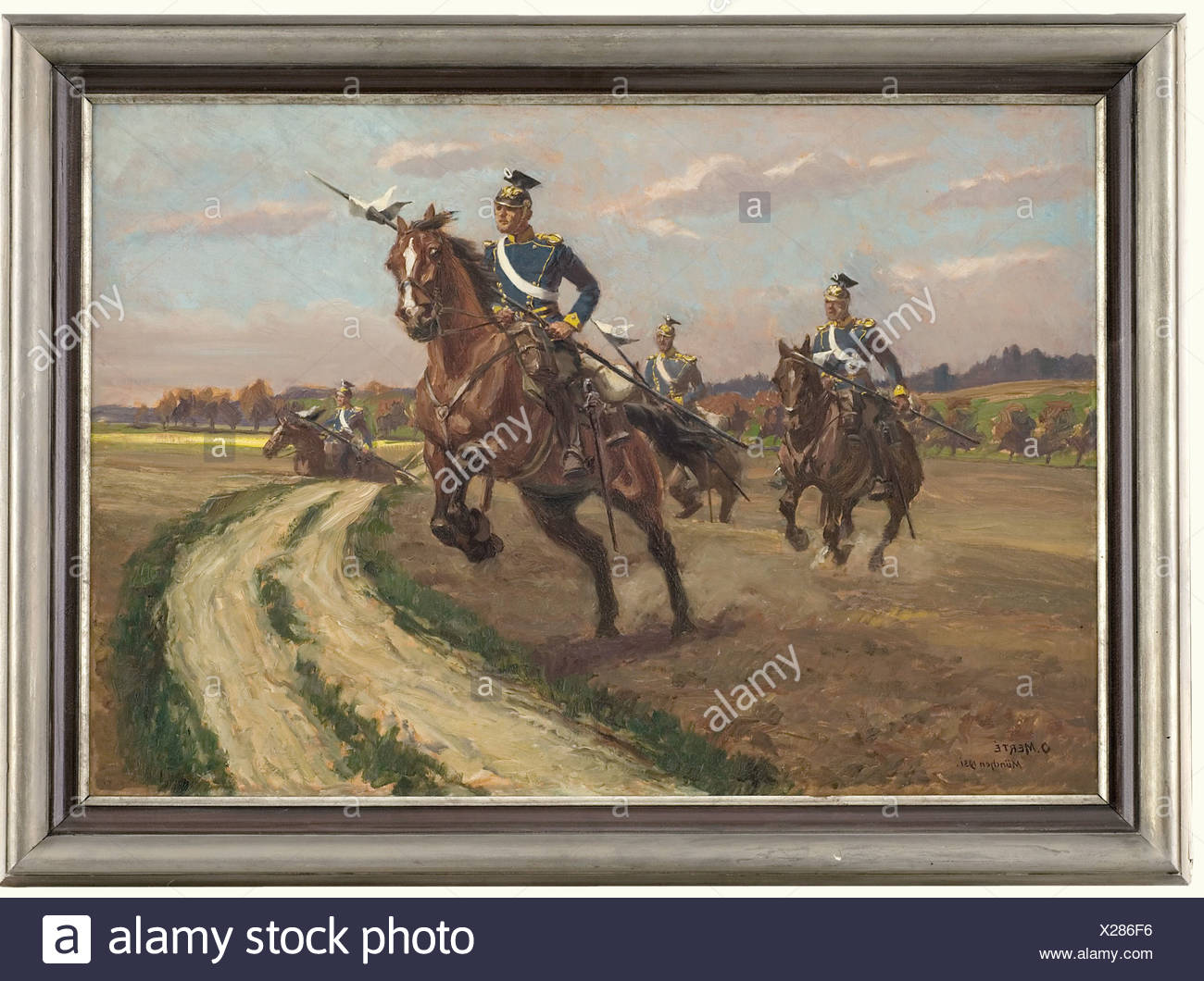 Oskar Merté (1872 - 1938), "Ulanen Patrouille" (Uhlan Patrol) A picture of four uhlans from the Prussian Uhlan Regiment Graf Haeseler No. 11 riding across country at a gallop. Oil on canvas. Signed "O. Merté München 1931" at the lower left. Picture dimensions: 65 x 94 cm. Framed dimensions: 82 x 111 cm. The picture appeared as the cover picture on the Deutsche Kavalleriezeitung (German Cavalry Journal) volume 9/1931 (included). The Munich military and horse painter Oskar Merté studied at the Munich Academy and for years was a contributor to the "Fliegende Blätt, Stock Photo