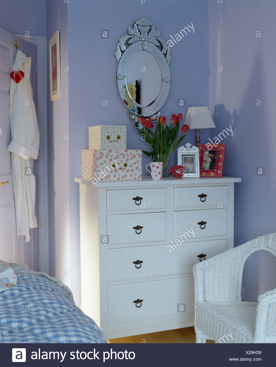 Small Venetian Mirror Above White Chest Of Drawers In Blue Country