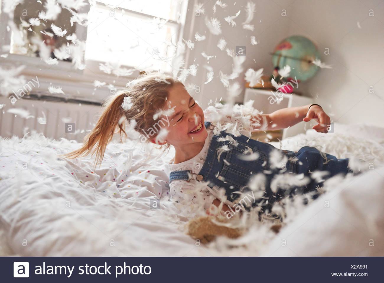 Girl Falling On Feather Pillow Fight Bed Stock Photo 276822029