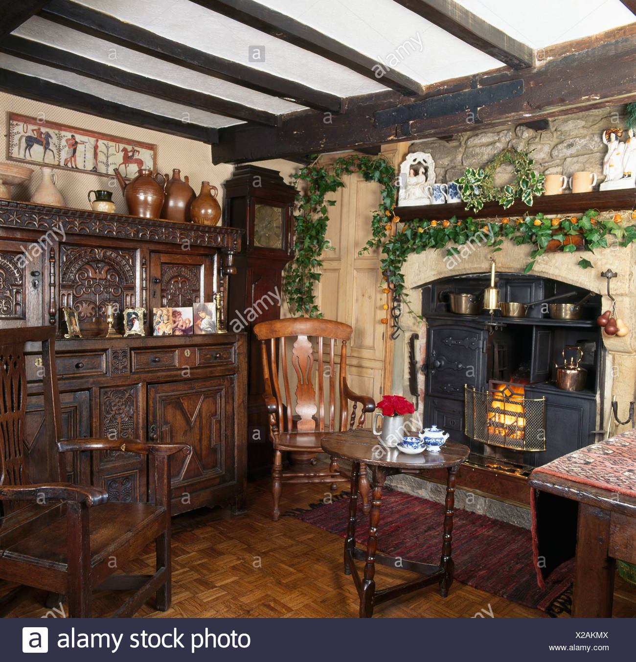Ivy Christmas Garland Above Old Range In Country Dining Room