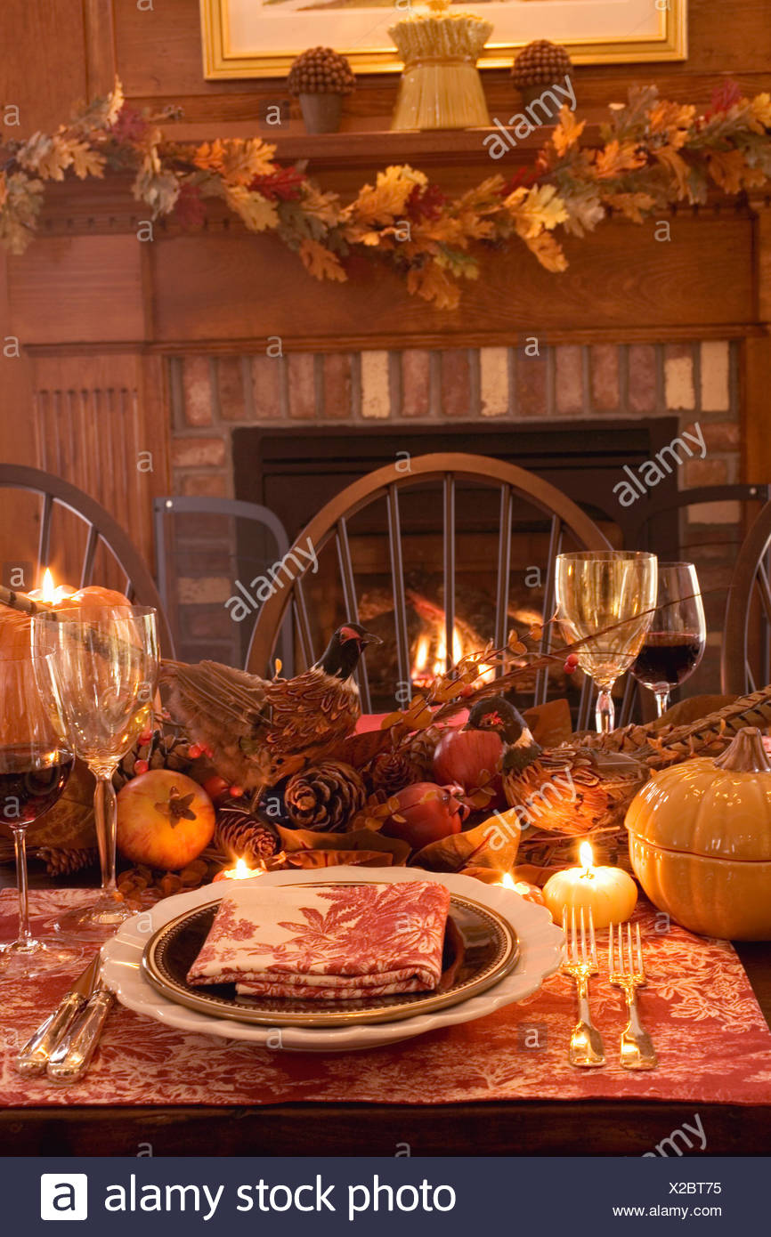 Thanksgiving Table With Autumn Decorations Usa Stock Photo