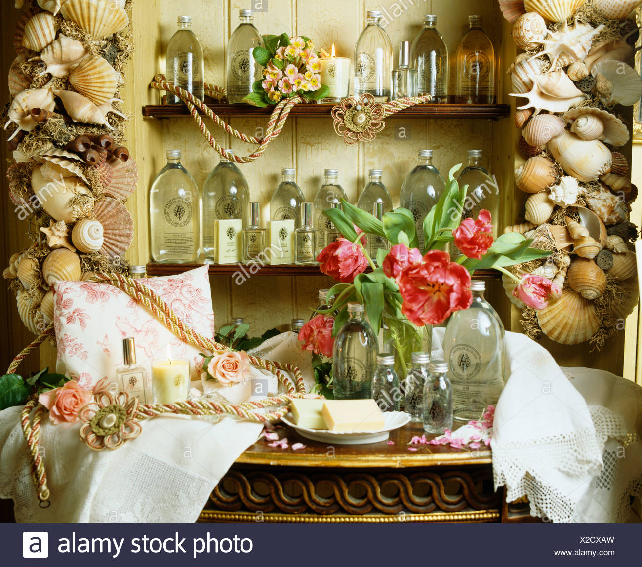 Still Life Of Glass Bottles On Shelves Decorated With Seashell
