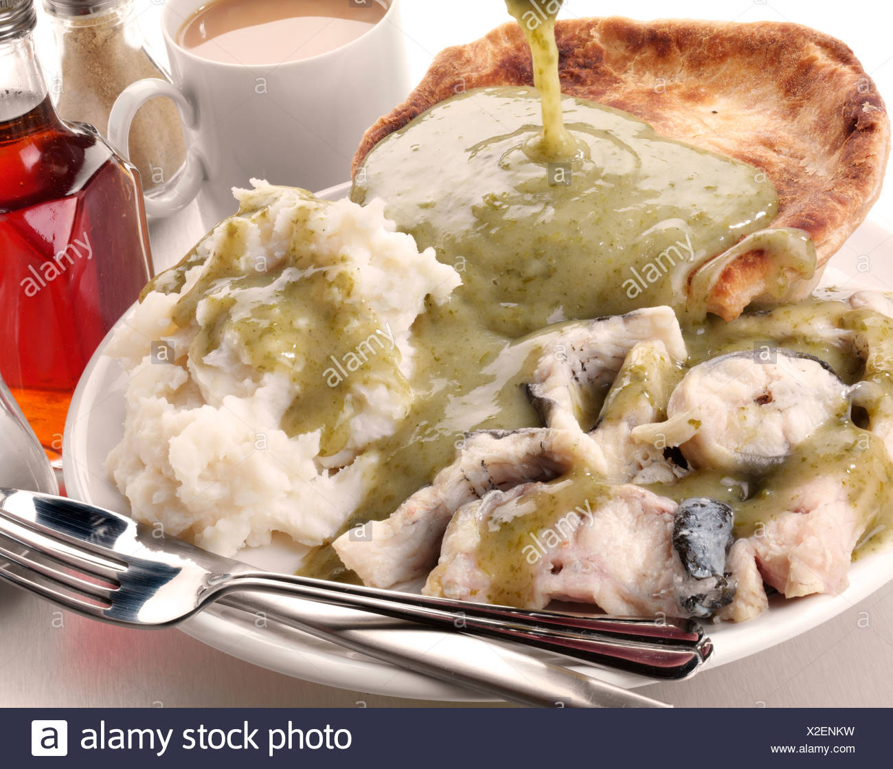 Mash And Eels With Parsley Liquor Sauce High Resolution Stock