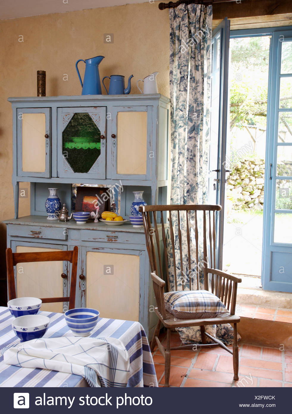 Blue White Fifties Dresser In Country Kitchen Dining Room With