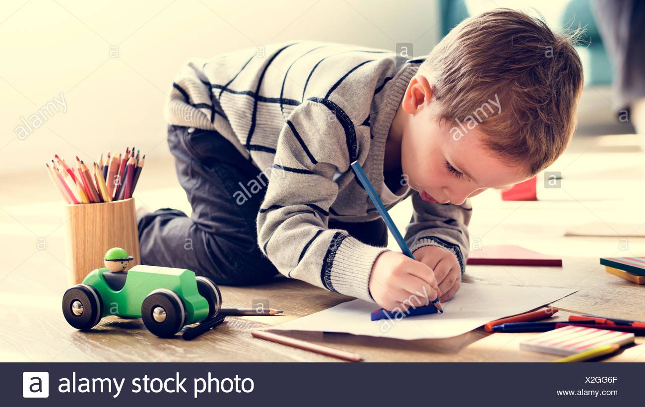 Little Kid Drawing Sketching Cute Adorable Stock Photo