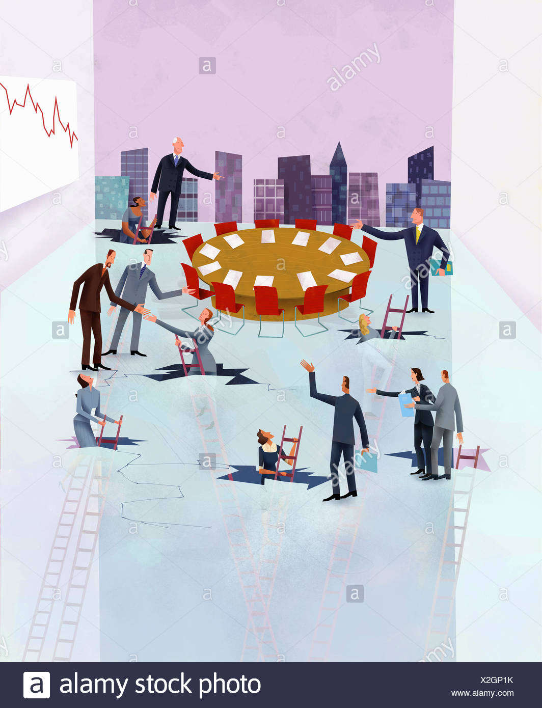 Businessmen Helping Businesswomen Break Through Glass