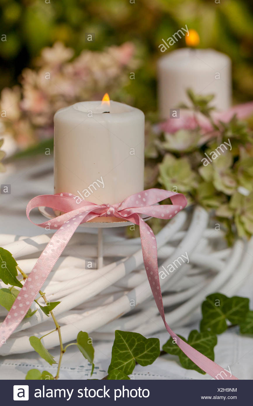Material Wicker Candelabra Candles Ribbon Hydrangea Flowers