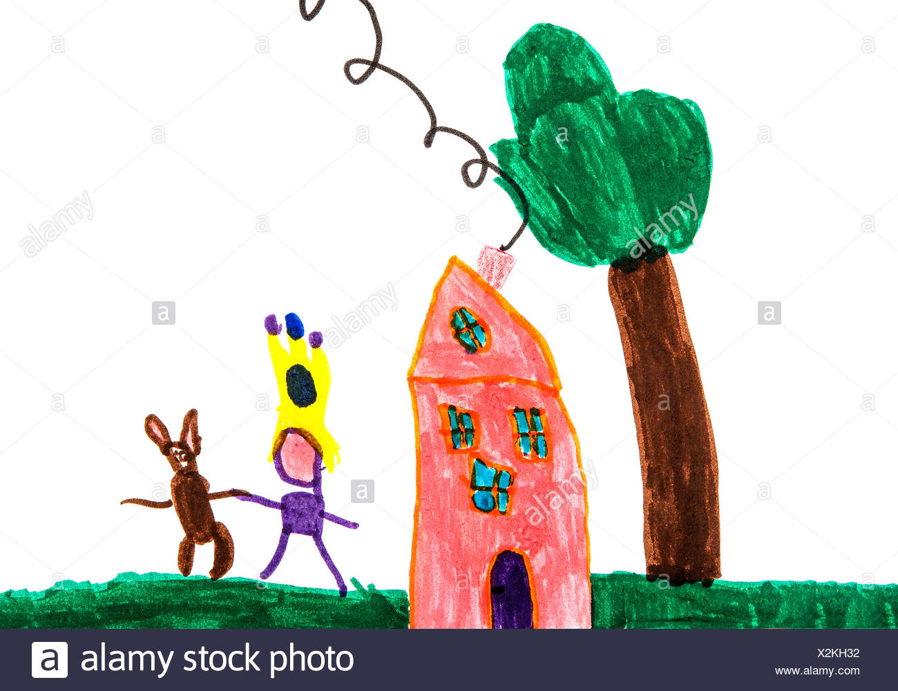 Child S Drawing Tree House And Playing Child With Animals Stock