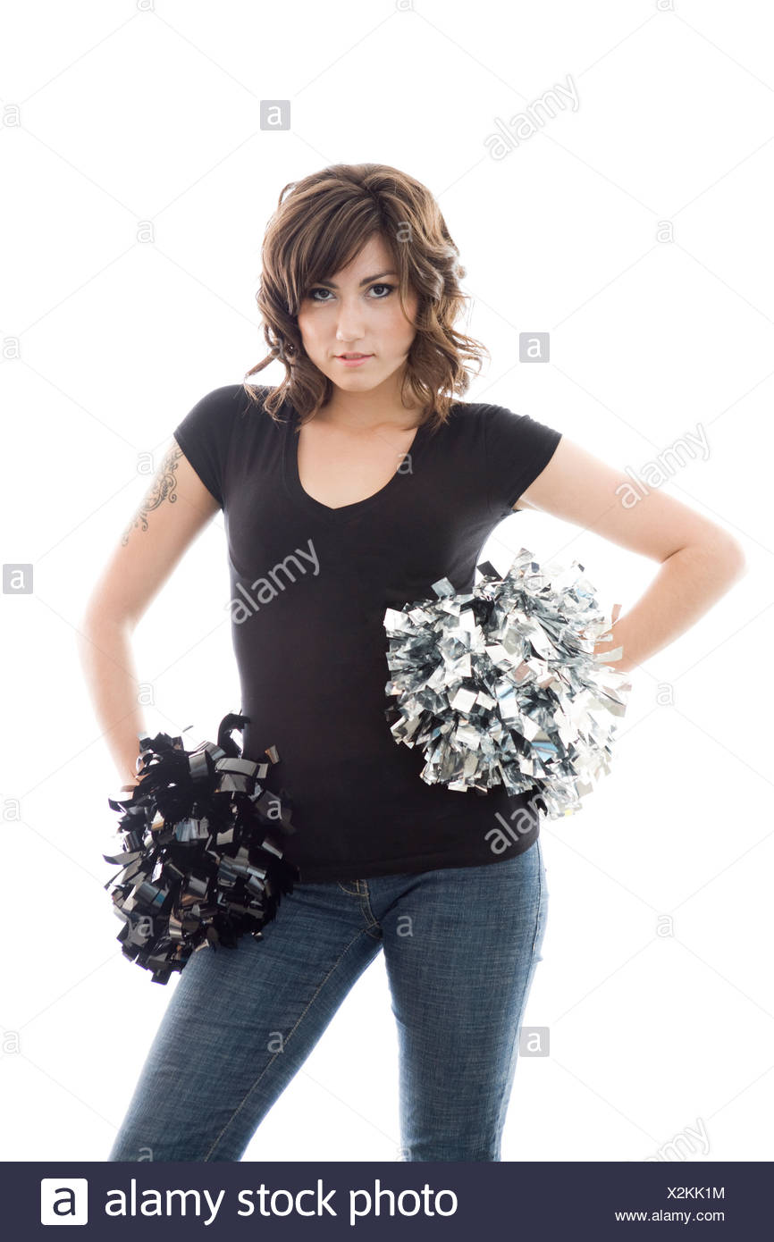 Attractive Young Woman Posing With Cheerleader Pom Poms Stock Image Attractive Young Woman Posing With Cheerleader Pom Poms Stock Image