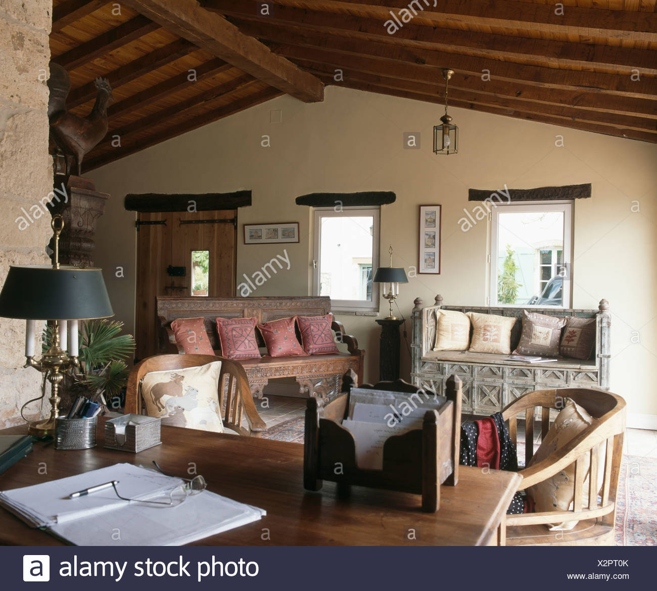 Carved Wooden Indian Sofas With Cushions In French Country