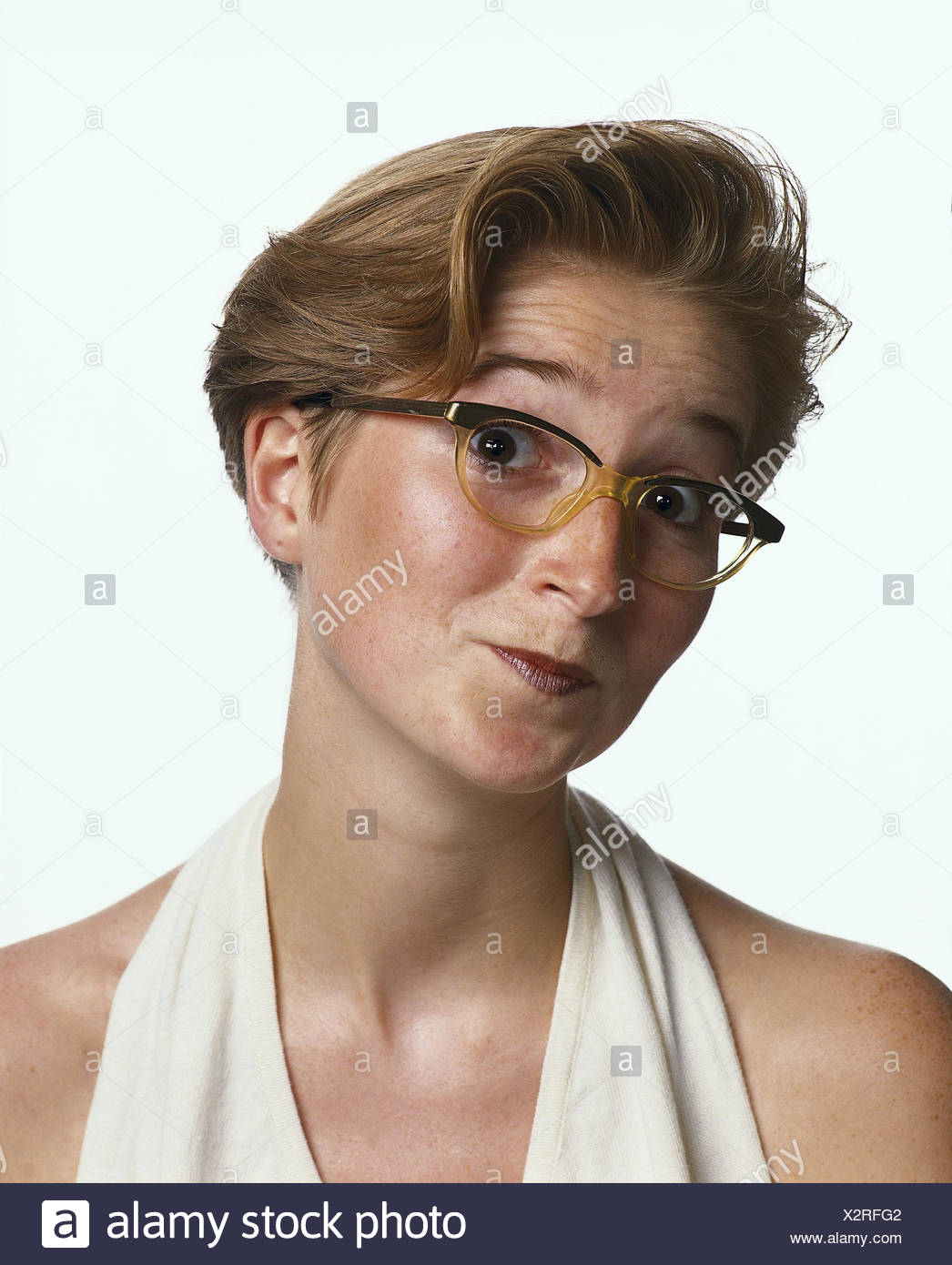 Woman Glasses Facial Play Doubtful Portrait Inside Young