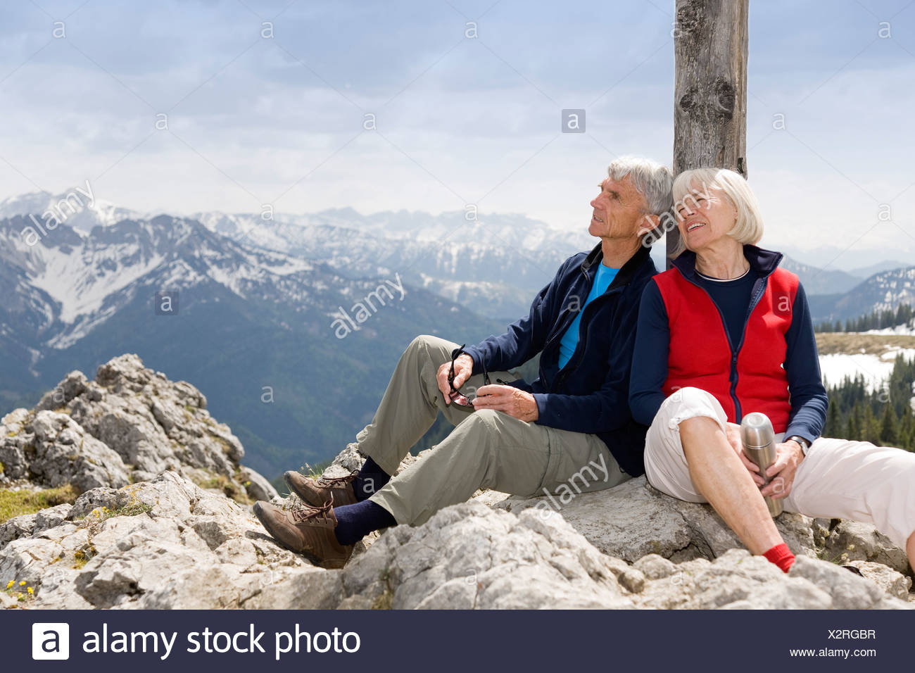 senior couple on mountain summit Stock Photo