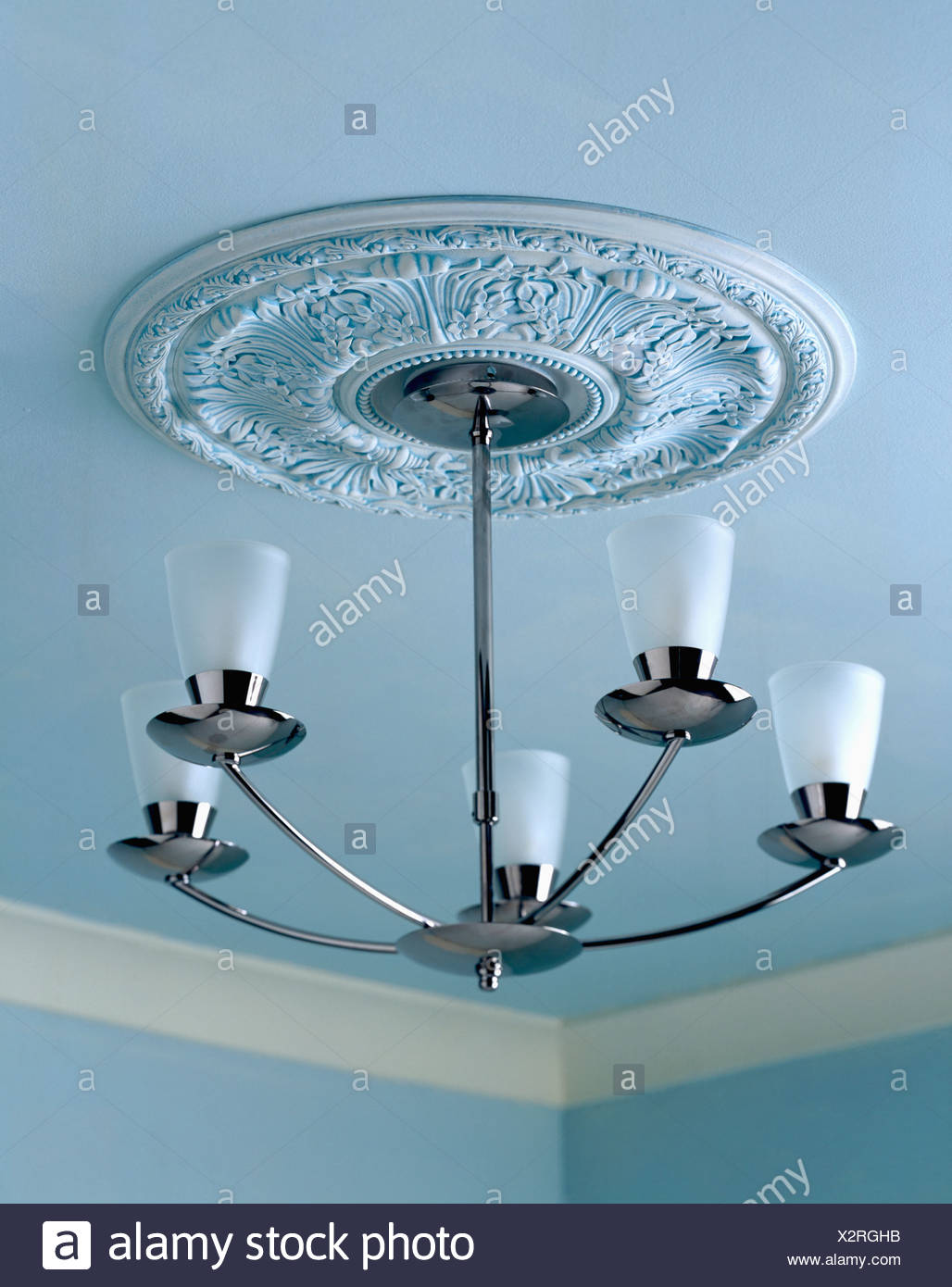 Plaster Ceiling Rose And Modern Chrome And Glass Light Fitting