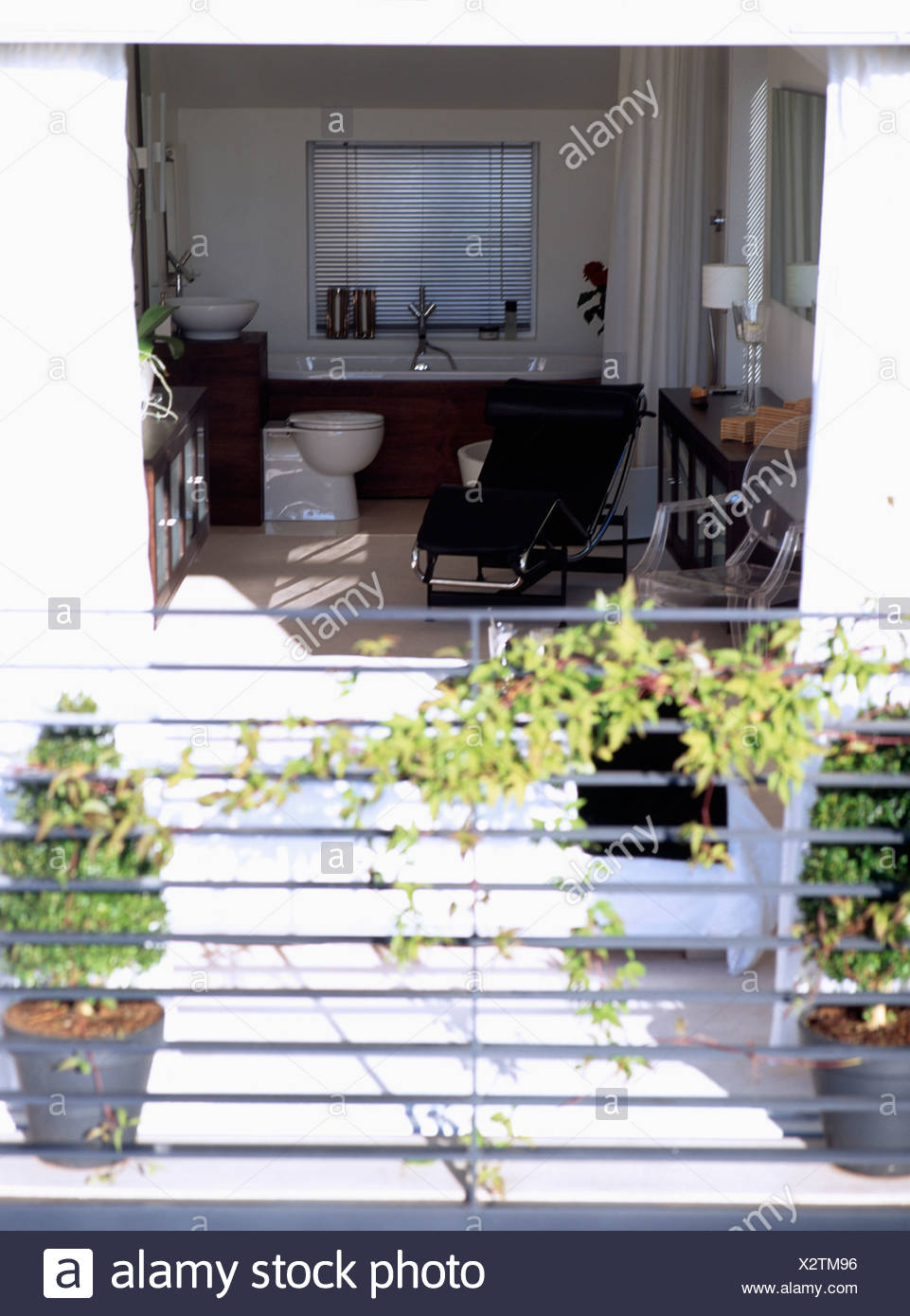 View From Balcony With Metal Railings Of Modern Black And